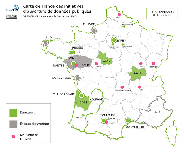 Carte de France de l'Open Data maintenue par LiberTIC, version 4, mise à jour janvier 2012